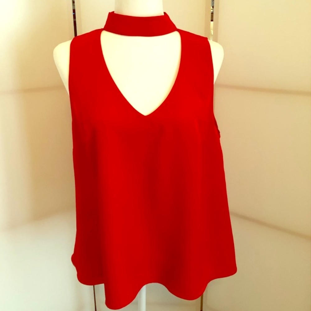 Halston sleeveless choker top with keyhole.